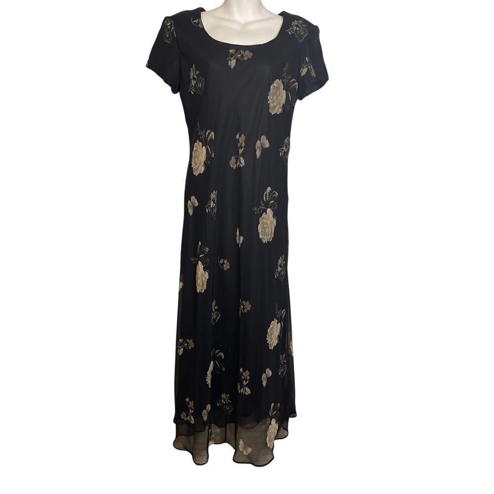 VTG Jessica Howard Black Floral Short Sleeve Floor Length Dress Women's Size 10